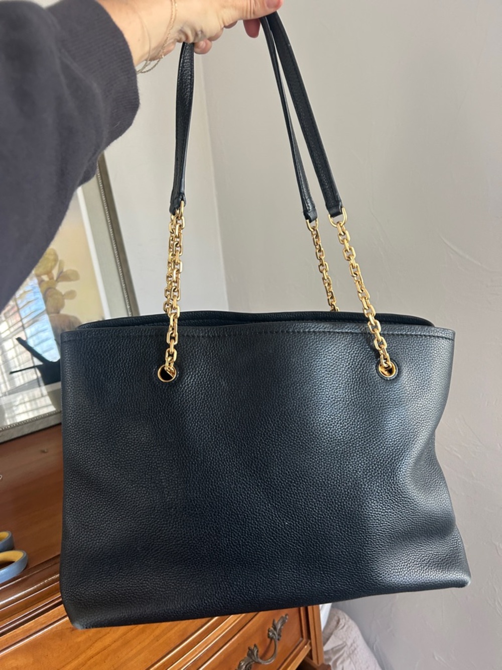 Tory Burch Black Pebbled Leather Tote with Gold Chain Hardware - Picture 4 of 5